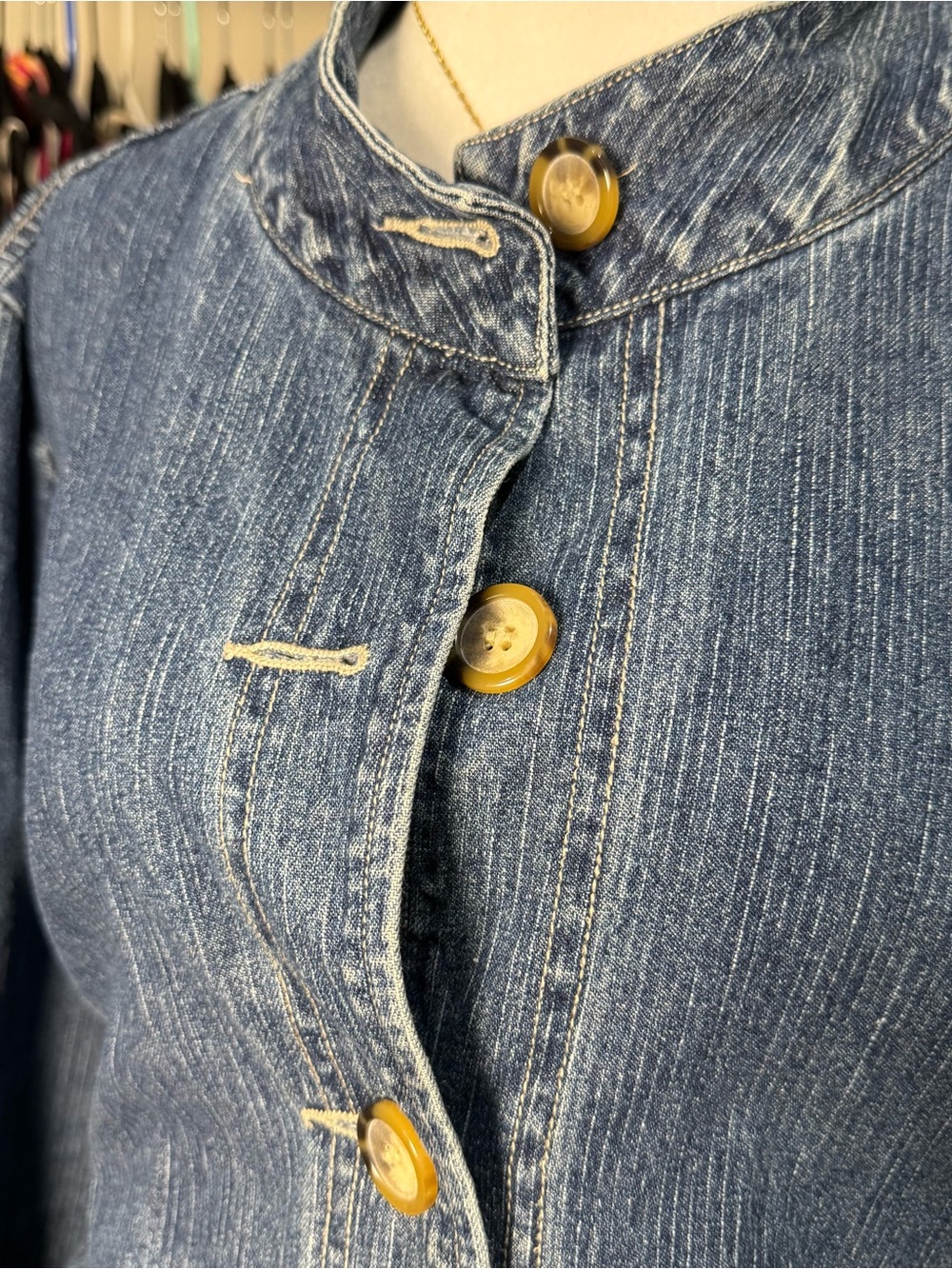 Women's Blue Denim Button-Front Minimalist Mandarin Chic XL Barrel Jacket - Picture 5 of 9